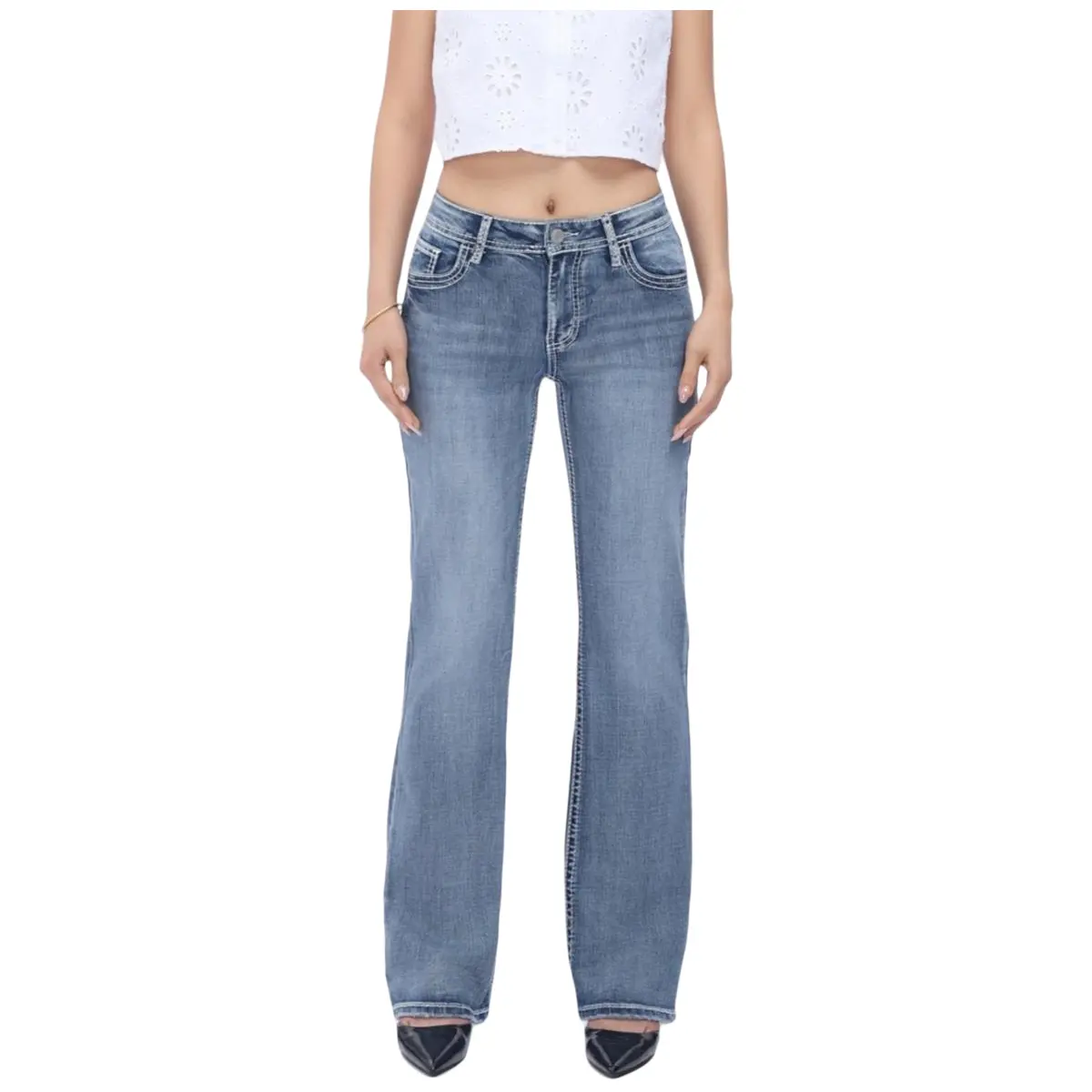 BlueMoment Crossella Western Mid Waist Straight Leg Jeans  Stretchy Tummy Control Bootcut Denim with Cross Wings Embroidery Cowgirl Style Retro BBL