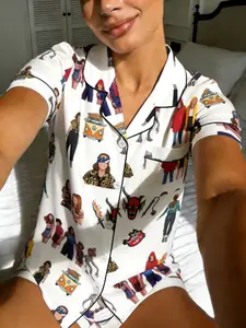 Women's 2-Piece Short Sleeve Sleepwear, Broadway Character Printed Button Shirt, Chest Pocket & Elastic Waist Shorts, Casual Music