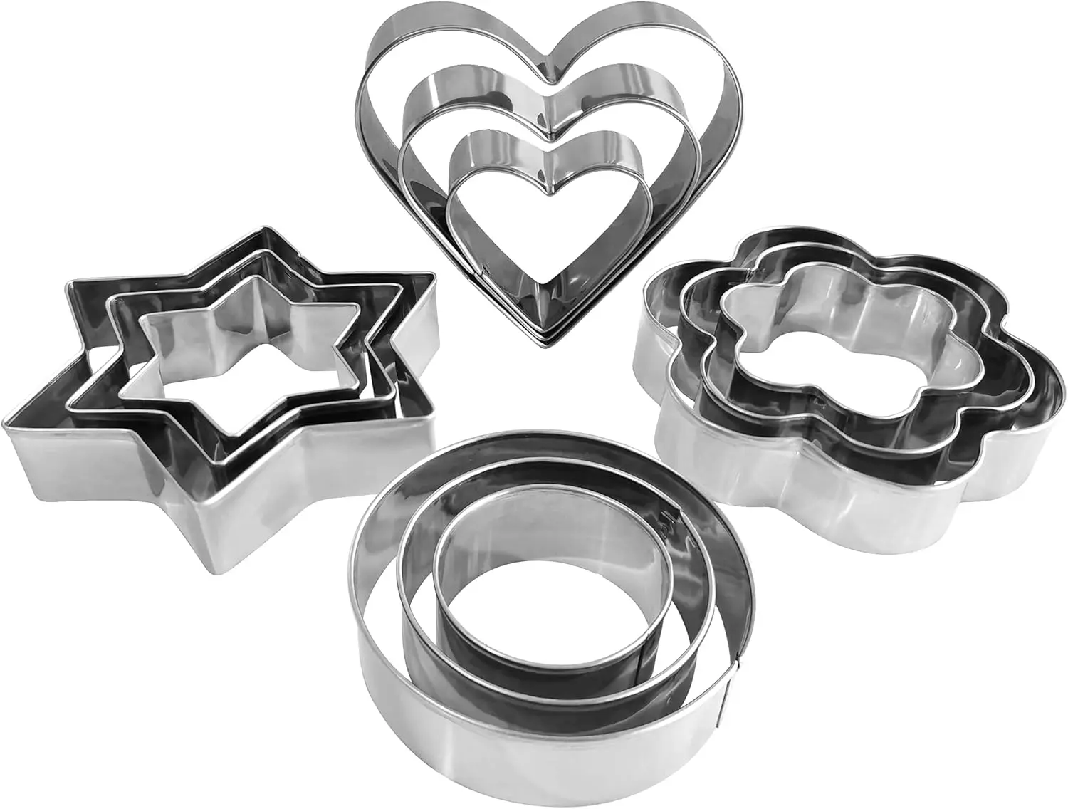 Metal Cookie Cutters Set 12 Pieces Stainless Steel Heart Star Flower Round Shapes for Cookies