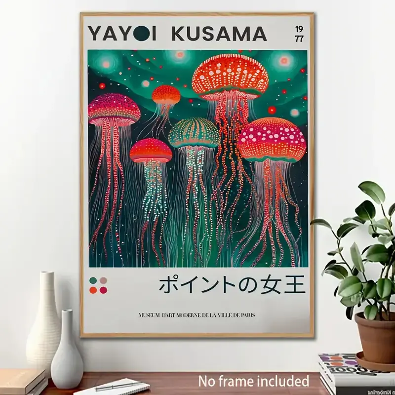 Yayoi Kusama Style Psychedelic Jellyfish Pop Art Print - Vertical Canvas Poster, Neon Abstract Ocean Wall Decor for Bedroom, Living Room, Office Indoor/Outdoor Use - Modern Japanese Pop Art Poster for Spring and Fall Aesthetics restaurant