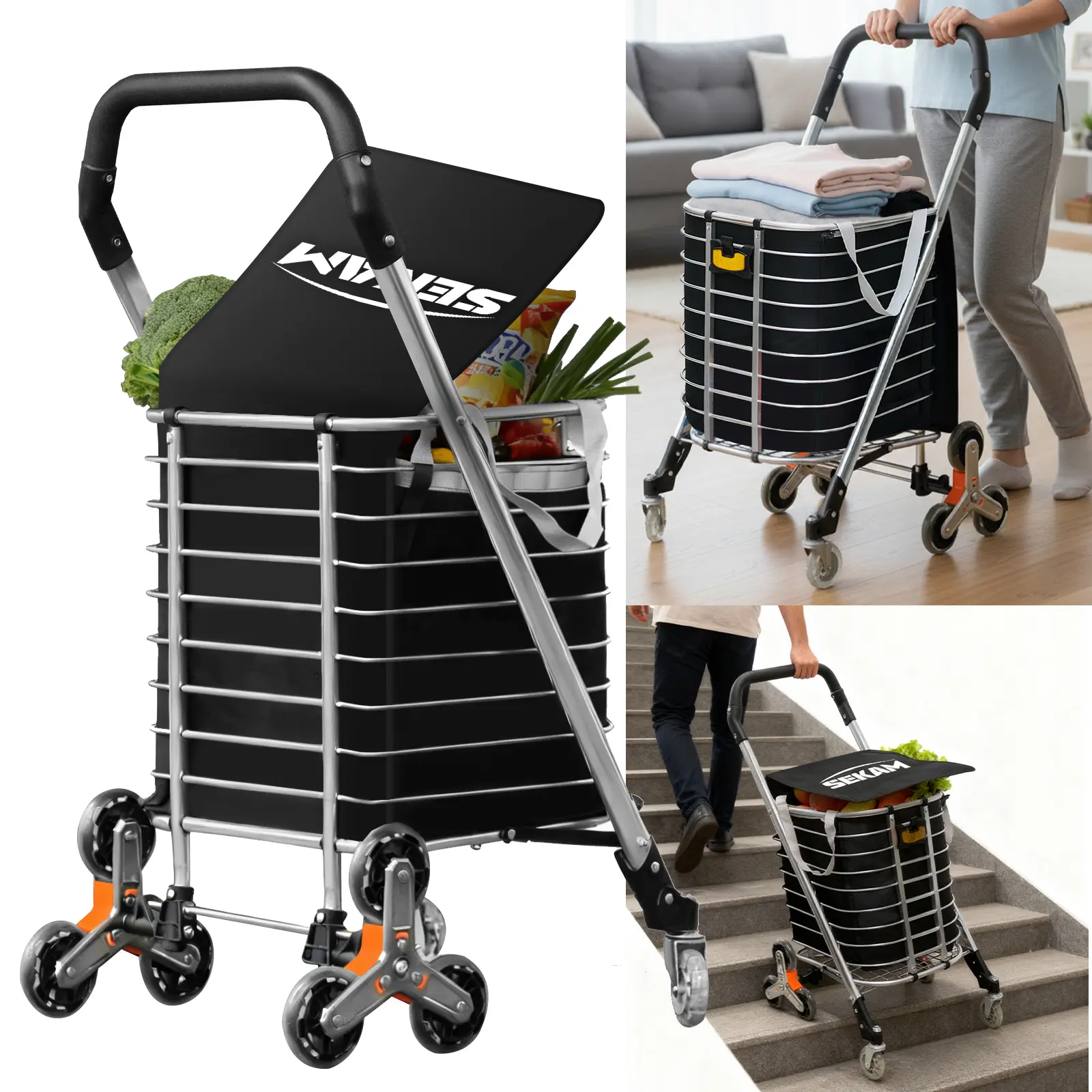 SEKAM Collapsible Folding Wagon - Heavy-Duty Tri-Wheel Stair Climber Trolley with 360° Swivel Wheels, Folding Rolling Cart for Seniors, Shopping, Travel