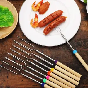 Outdoor BBQ Stainless Steel Extending Barbecue Fork, U-Shaped Wooden Handle, Durable Grill Utensil for Meat Cooking, Ideal for Picnics & Grilling Events
