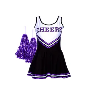 Women's Cheerleading Gymnastics Costume - Vibrant Purple & White Lettered CHEERS Squad Uniform with Pom-Poms, Pleated Skirt & Round Neck for Dance Performances, Sports Events, Cheerleading Outfit, Cheerleading Uniform |   Pleated Skirt Design Cowrie Savag