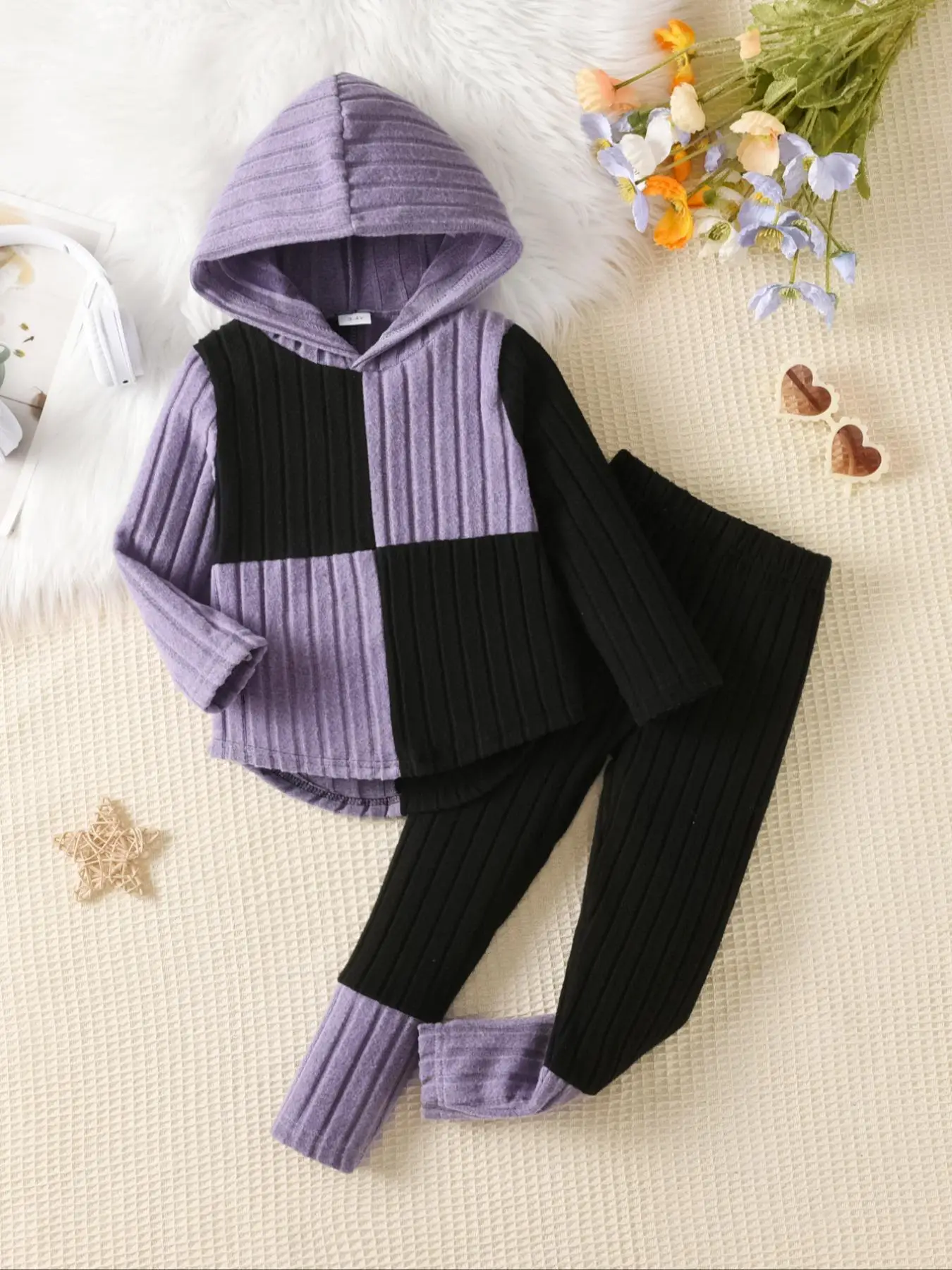 Girls' Block-color Long-sleeve Hoodies and Pants Casual Outfit Set, Fashionable Round-neck Hooded Sweatshirt Suitable for Casual Wear, Comfortable Mat