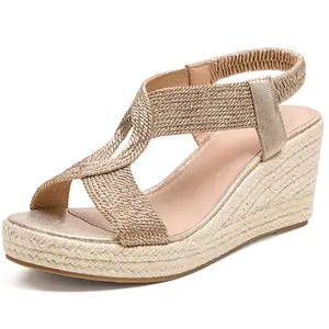 Women’s wedge sandals with thick platform sole, Bohemian style, high heels, summer elegant open-toe design with elastic ankle strap—ideal for vacations, dates, and parties