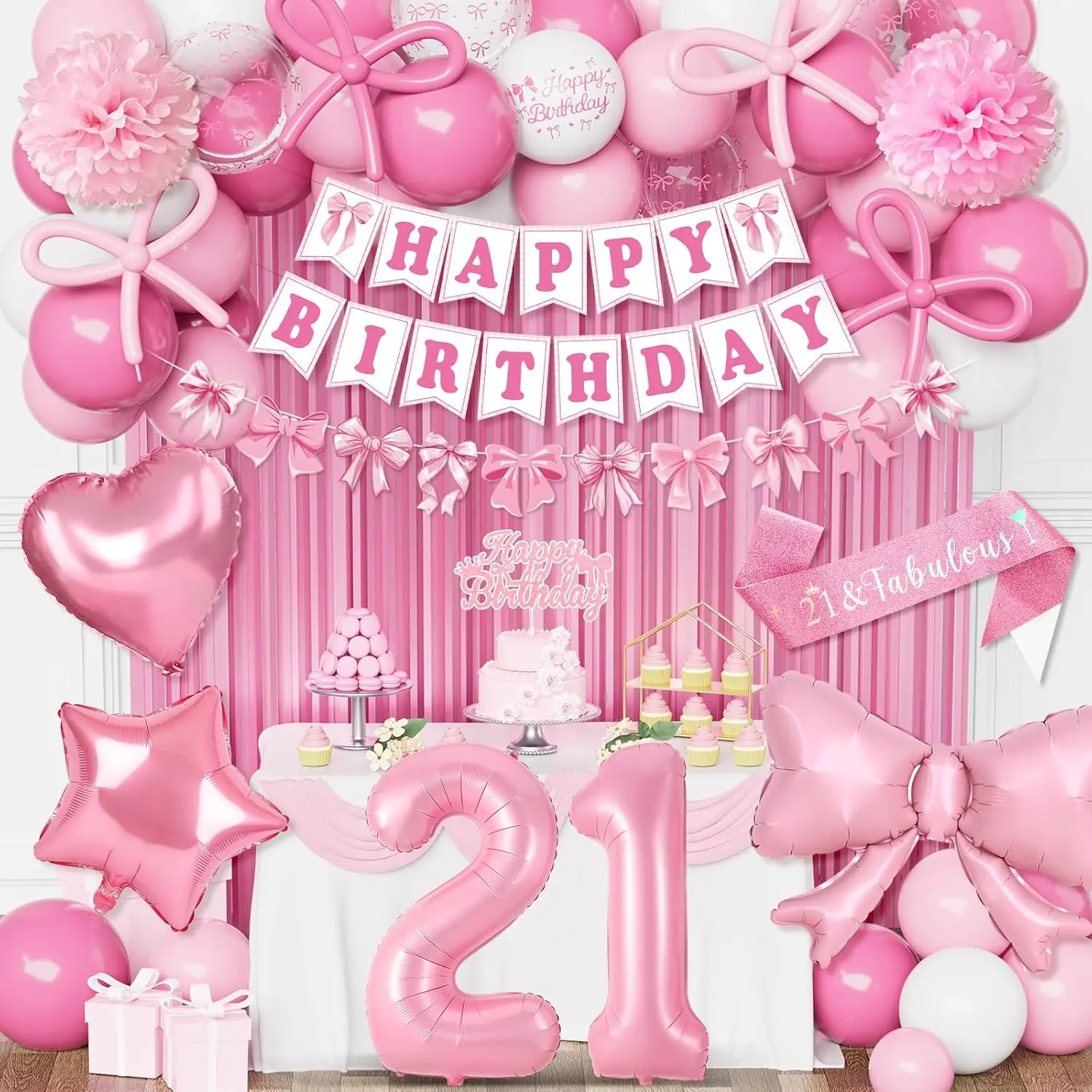 Happy 21st birthday decorations for her pink bow banner balloons sash number 21 balloon cake topper fringe curtain paper pom poms complete party set, Party Decor, Complete Kit