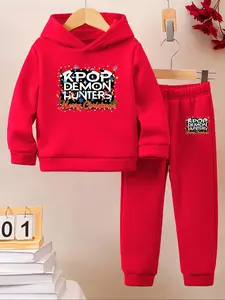 Boys' Loose-Fit Letter Pattern Printed Sweatshirt and Hoodie Set, Soft Fabric, Casual Fall & Winter Sports Wear, Commute, School, Daily Use