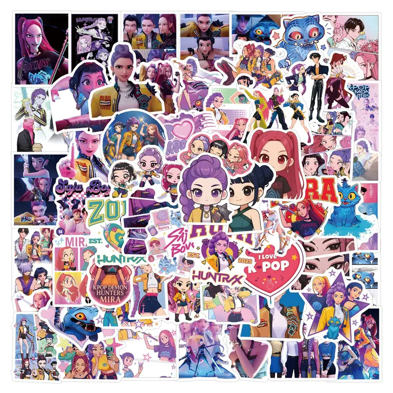 56 Pcs Kpop Demon Hunters Graffiti Stickers, DIY Phone Case Skateboard Luggage Decals, Trendy Anime Character Designs, Cellphone Cover Accessories