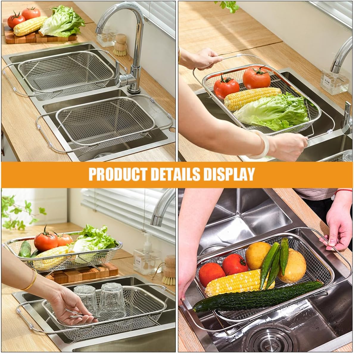 Extendable Stainless Steel Sink Drain Basket, Kitchen Colander for Vegetable Washing and Dish Drying, Retractable Food Strainer for Home Kitchen Accessories