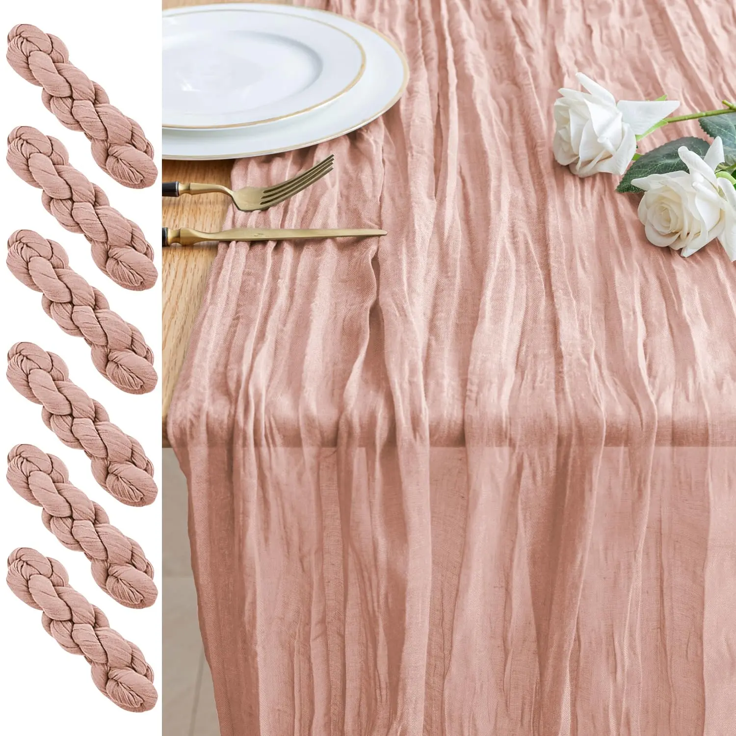 9FT Flowy Crinkled Gauze Table Runner Reusable Set - 274×43cm/17×108in, 6 Solid Colors, 6Pcs Same Shade Per Pack, Anti-Fray Edge, Boho Wedding Centerpiece for Bridal Shower Holiday Tablescape Styling, Romance, Neutral Shades