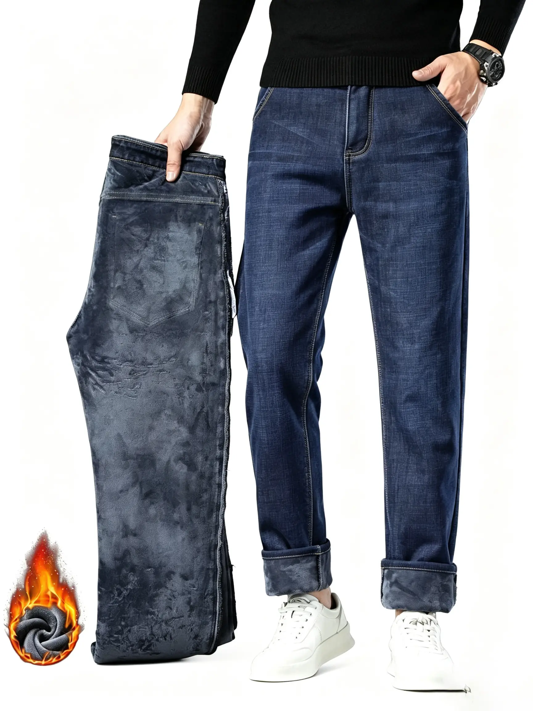 Men's Fleece-Lined Washed Denim Jeans - Button Closure, Loose Cut Straight Leg Long Pants, Warm Fashionable Winter Casual Wear