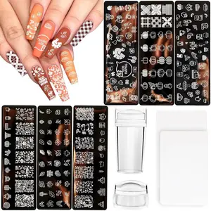 JUNEBRUSHS 10Pcs Thanksgiving Nail Stamping Plate Kit with 6Pcs Fall Nail Art Templates 2 Stamper 2 Scraper Nail Stamp Pumpkin Turkey Maple Leaf for Women Kid Holiday Nail Art Decoration