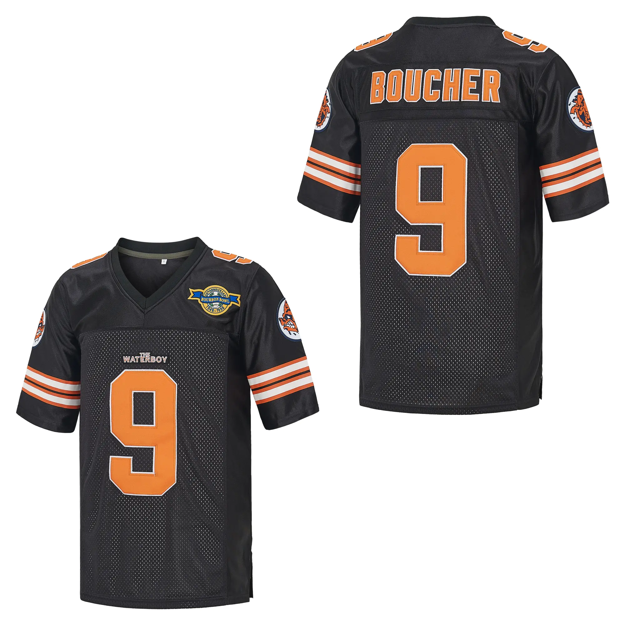 Men's Movie Inspired Oversized #9 Stitched V-Neck Mesh Fabric Sporty Chic Football Jersey, 3-Color Orange Black White Short Sleeve Uniform, Striped Sleeve Patch Breathable Shirt for Theme Parties Summer Daily Wear, Back Letter Graphics, Chest Large