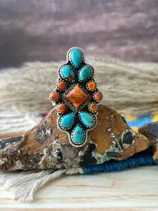 Handmade Sterling Silver Kingman with Orange Mojave Adjustable Ring "Signed Nizhoni"