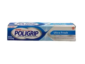 Super Poligrip Ultra Fresh Denture Adhesive Cream - 2.4 Oz, Mint Flavor, Polymethylvinylether Maleic Acid, Zinc Free toothpaste
