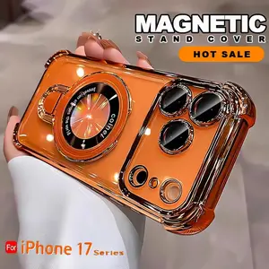 For Magsafe Wireless Charging Case For iPhone 17 Pro Max Air 14 15 Plus 13 12 16 Pro Transparent Plating Ring Holder Phone Cover