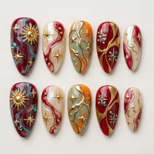 Holiday Press On Nails – Burgundy Orange Teal Marble Star Nail Set, Handmade Celestial Fake Nails, Reusable Glue On Acrylic Nails for Women
