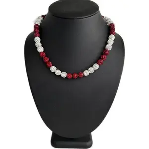 Iced Bling Disco Ball Rhinestone Crystal Bead Baseball Necklace Burgandy Maroon White