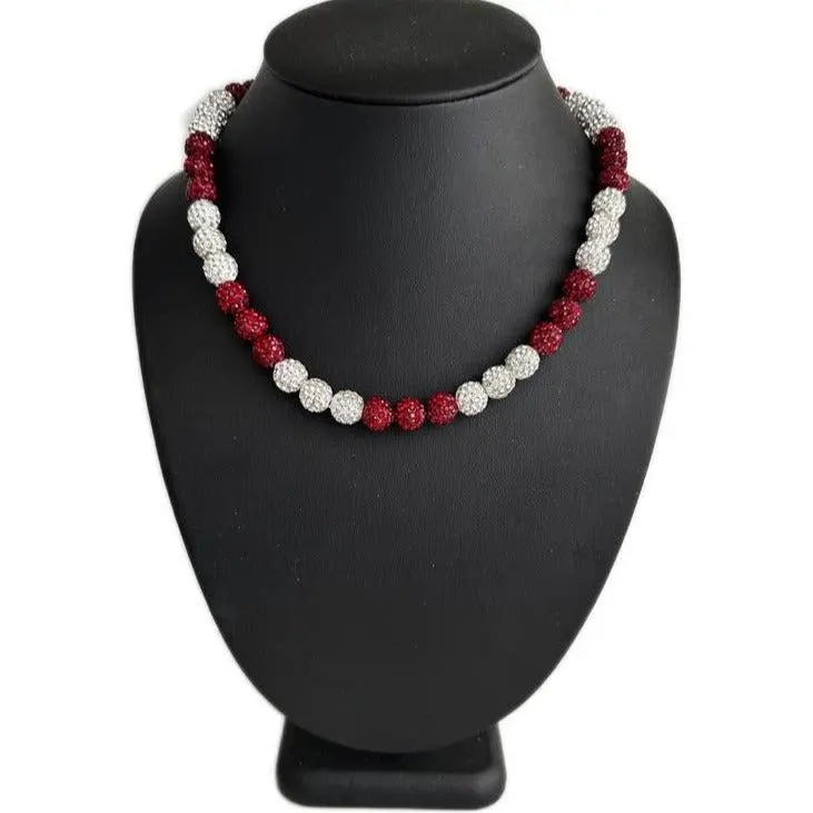 Iced Bling Disco Ball Rhinestone Crystal Bead Baseball Necklace Burgandy Maroon White