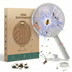 Foldable Electric Fly Swatter Racket Insect Killer Handheld Bug Zapper Racket with 3-layer Mesh and USB Rechargeable Base for Indoor and Outdoor【outdoorfun】