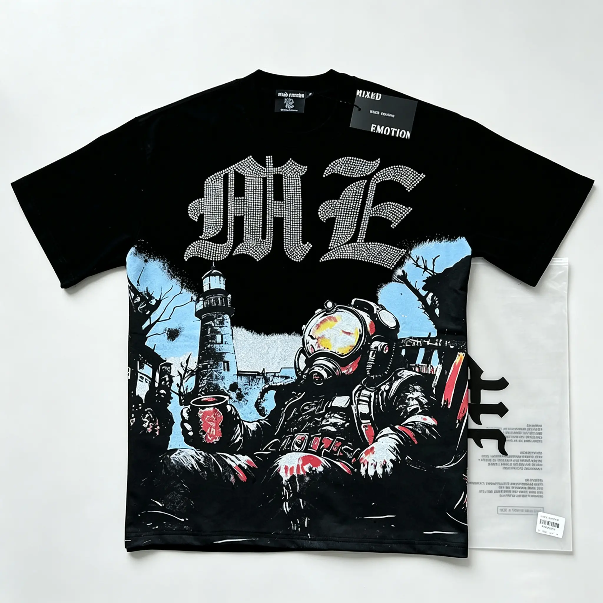 2026 MIXED EMOTION Professional Certified Rhinestone Gothic Astronaut Graphic Tee 240g Heavyweight Cotton Oversized Streetwear T-Shirt