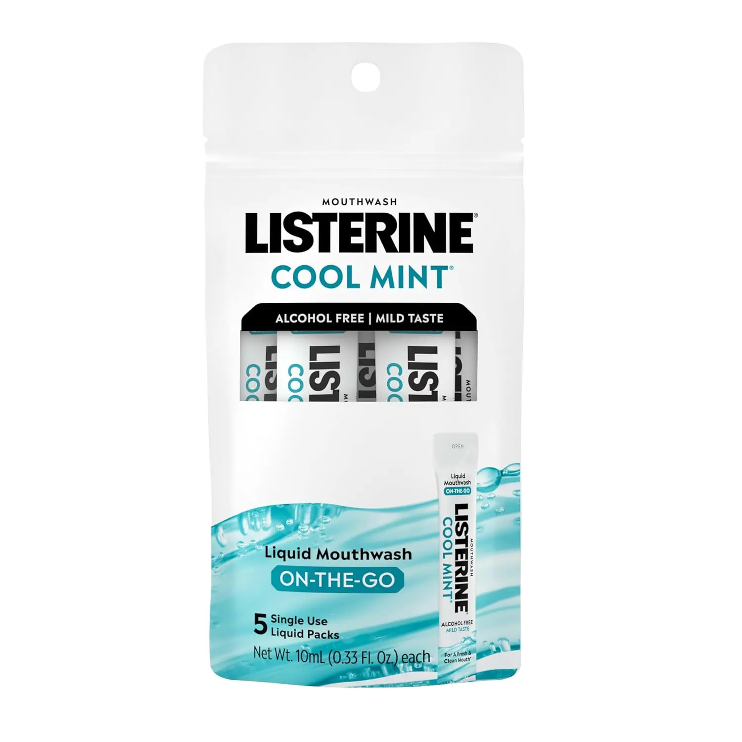 LISTERINE Cool Mint 0.0% Alcohol Antiseptic Mouthwash, 10ml Disposable Travel Liquid Pouches, Germ-Killing Bad Breath & Fresh Breath Oral Care for Adults, Multi-Pack Self Care Product, Bad Breath Mouthwash