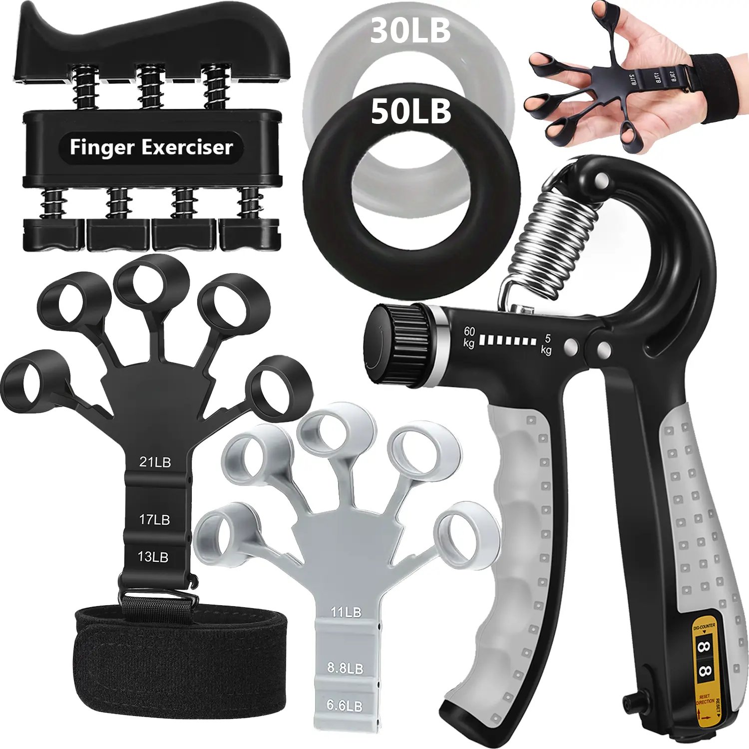 Grip Strength Trainer Kit 6 Pcs – Finger Exerciser, Adjustable  Grip Strengthener,   Exerciser, Forearm Workout Ring for Strength Training, Muscle Building & Injury Recovery forearm hand extension