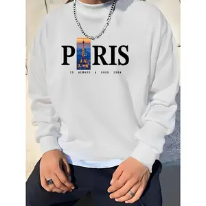 Men's crew neck sweatshirt, featuring a stylish PARIS letter design and tower illustration, perfect for casual wear, sports, and commuting