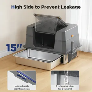 Stainless Steel Enclosed Litter Box with Lid, XL Extra Large Top Entry Metal Litter Box for Big Cats, High Sided Anti-Leakage Easy Cleaning with Mat and Scoop, Dark Grey
