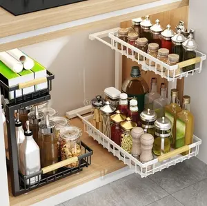 Under Sink Organizer-L Shaped Design, Pull Out Cabinet Organizer 2 Tier Slide Out Sink Shelf Cabinet Storage Shelves, Under Sink Storage for Kitchen Bathroom Cabinet, Multi-purpose Organizer，Black,White ,Deals for you days Spices Bottles