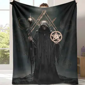 Grim Reaper Flannel Blanket Occult Pentagram Print Super Soft Warm Cozy Lightweight Breathable for Halloween Decor Gothic Home Decor Ritual Space Spooky Season