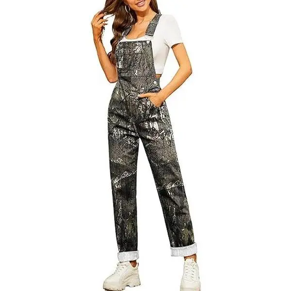 ODEFOU Women's Camo Denim Overalls - Stylish High-Waisted Fit Costume Pants with Adjustable Straps, 5 Deep Pockets, Breathable Stretch Fabric for Work & Hunting, Strap, Style, Fashion, Thick, Jumpsuit, Comfortable, All-Season, Camo1, Denim Look, Outdoor,,