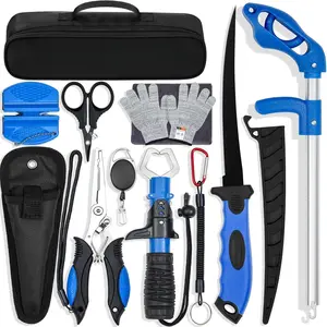 Fishing Tool Kit, 11 Pieces Fishing Gear, Fishing Pliers with Lanyard, Fillet Knife, Fish Lip Gripper, Fly Ice Fishing Hook Extractor, Anti-Cutting Gloves