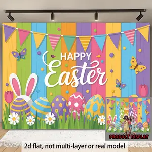 1PC Polyester Reusable Happy Easter & Birthday Party Decoration Backdrop - Flat 2D, Colorful Striped Eggs, Bunny, Butterfly Designs - 1-Piece Banner for Photography, Festival Background Wall