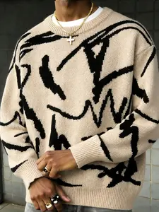 Men's Casual Round Neck Fitted Pullover Knitwear Sweater, Lightweight Long Sleeve Knit Top, Patchwork Asymmetrical Print, Daily Wear and Outdoor Activities