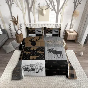 Feelyou Christmas Deer Antlers Microfiber Comforter Set - Plaid Patchwork Quilt, Farmhouse Bear Moose Duvet Insert, Soft Rustic Lodge Decorative Bedding Set for Teens, Microfiber Bedding Set