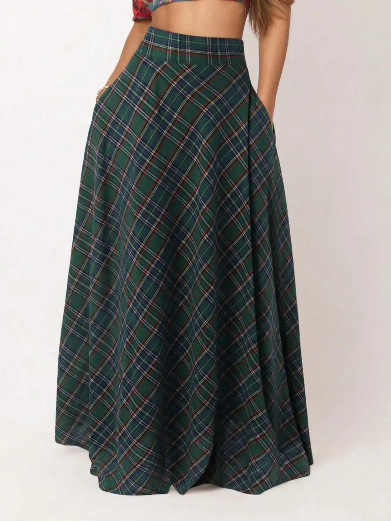 Women's High-Waisted A-Line Maxi Flowy Loose Fitting Skirt Bottom, Casual Loose Fit Tartan Plaid Design with Pockets, Perfect for All Seasons Street Fashion Party Wear Womenswear