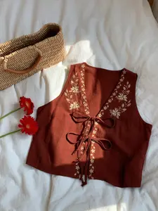 Vintage Caramel Color Sleeveless Vest, Elegant Floral Embroidery V-Neck Tie Top, Loose Fit Slimming Vacation Style Outerwear for Women