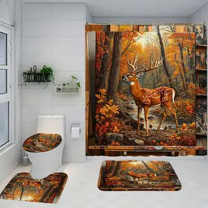 Forest Deer Pattern Bathroom Set, Includes Shower Curtain and Rug, Non-Slip Bath Mat, U-Shaped Toilet Lid Cover, Casual Style