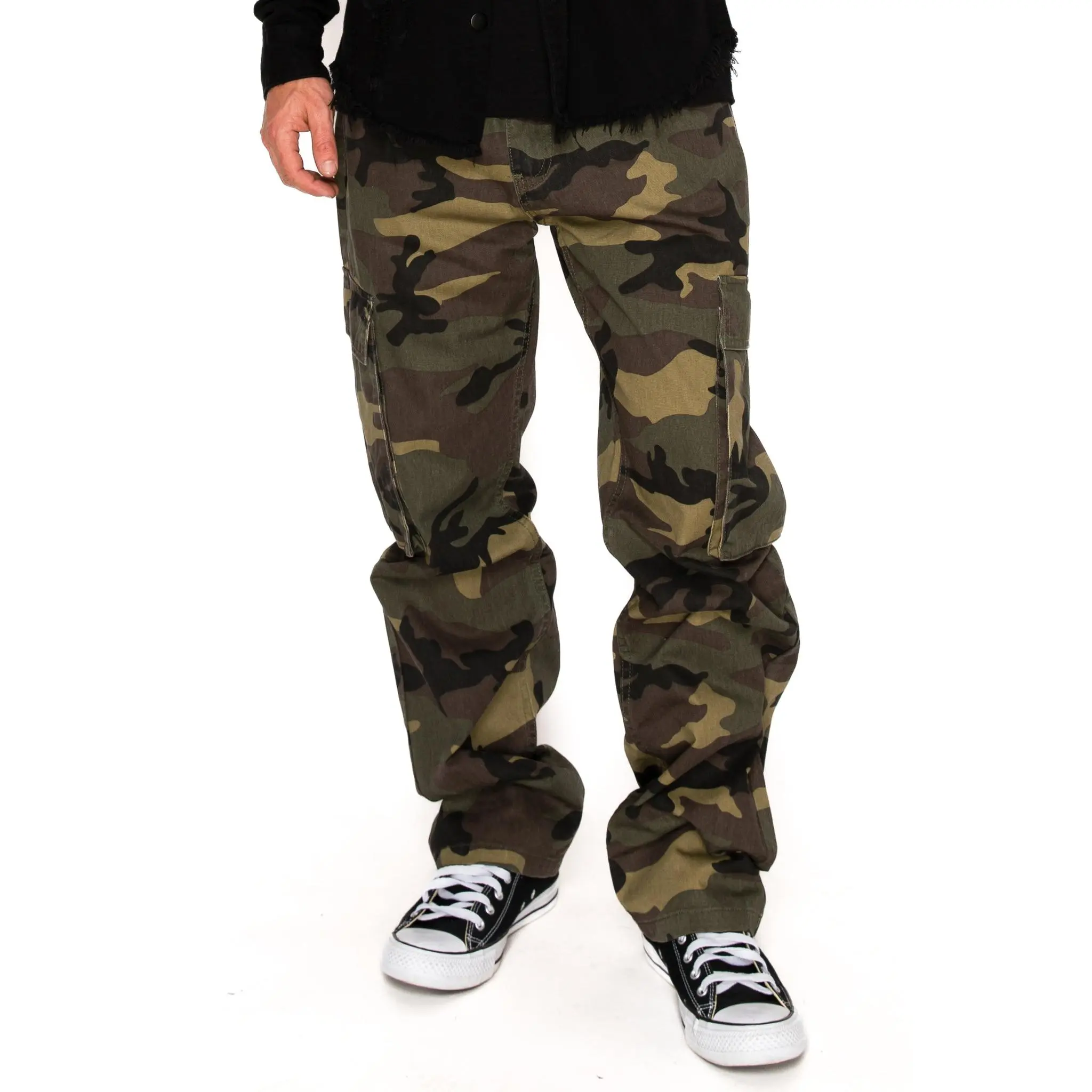 VICTORIOUS Men's 100% Cotton Baggy Cargo Pants, Woodland Camo Print All-Season Streetwear Trousers