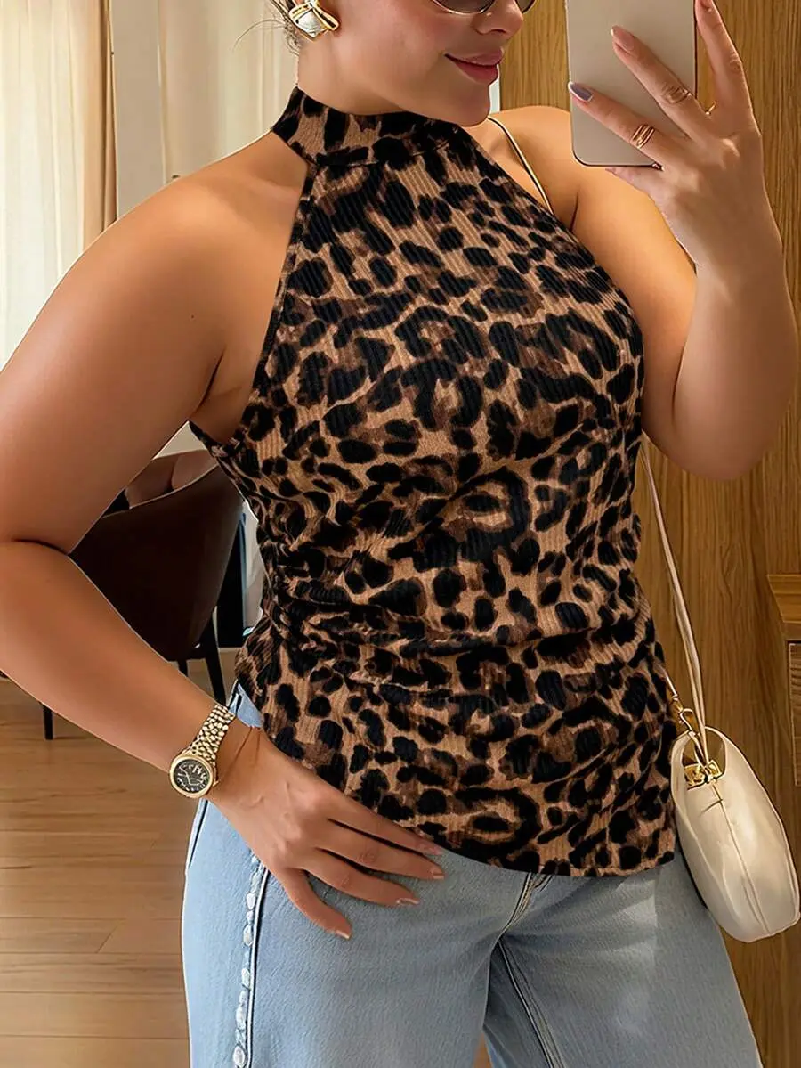 Plus Size French Style Leopard Print Halter Top Black Classy Night Out Club Elegant High Neck Sleeveless Camisole Cheetah Tops