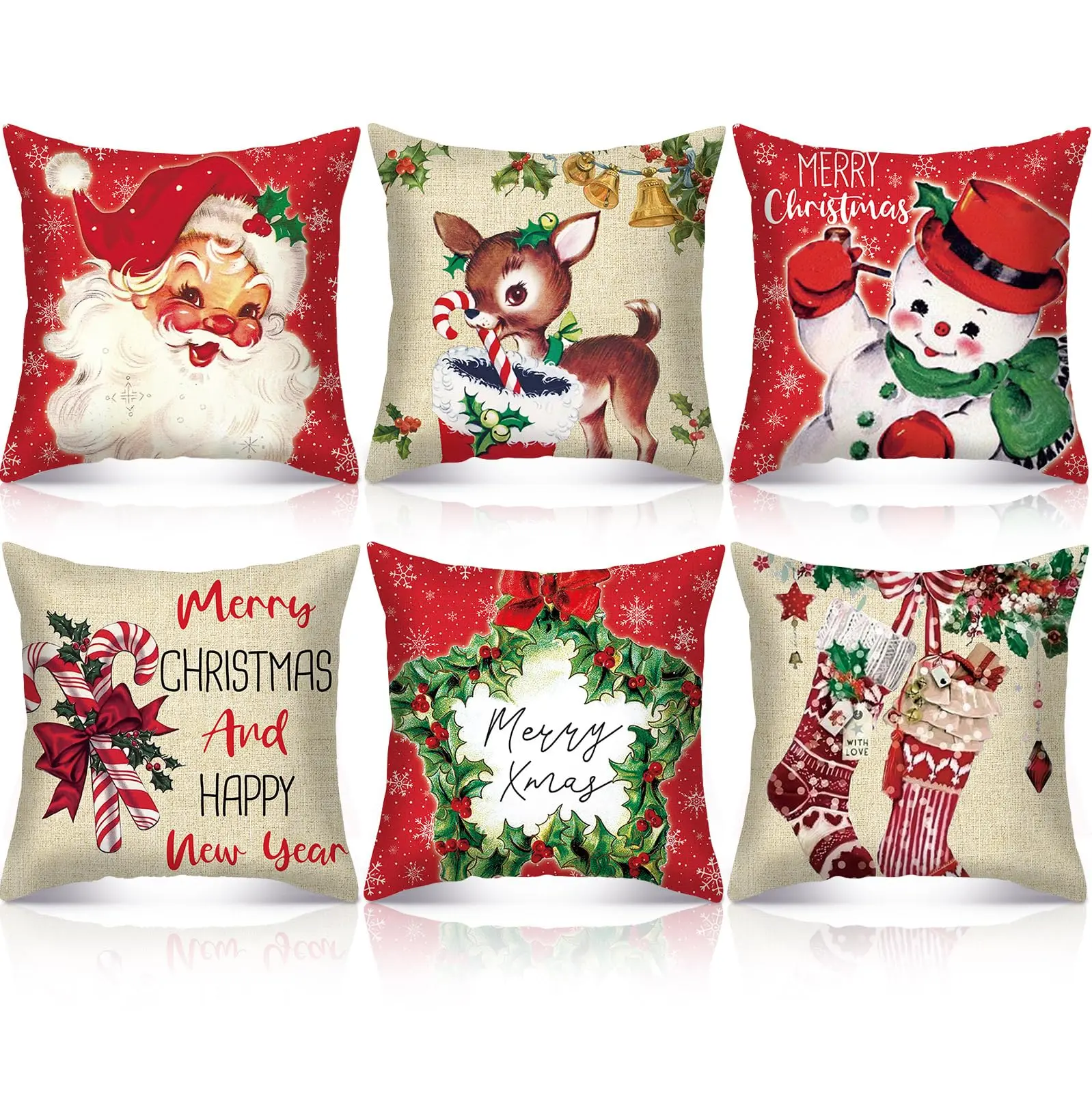 6 Pcs Retro Christmas Pillow Cases for 18x18in Throw Pillows Santa Clause Snowman Elk Vintage Polyester Pillow Covers Decorative Cushion Covers for Xmas Home Decor Living Room Sofa Bedroom Holiday Decoration Supplies