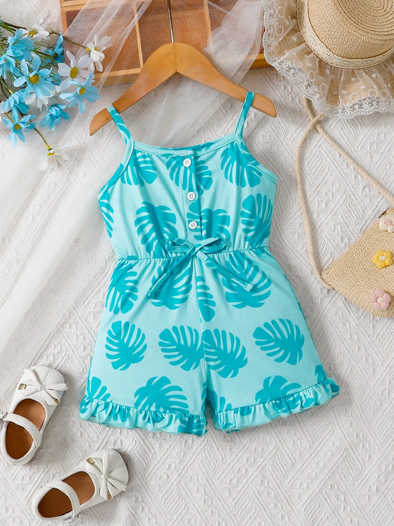 Baby Girl Summer Banana Leaf Print Romper, Adjustable Waist Tie, Breathable Soft Fabric, Ideal for Beach and Daily Wear