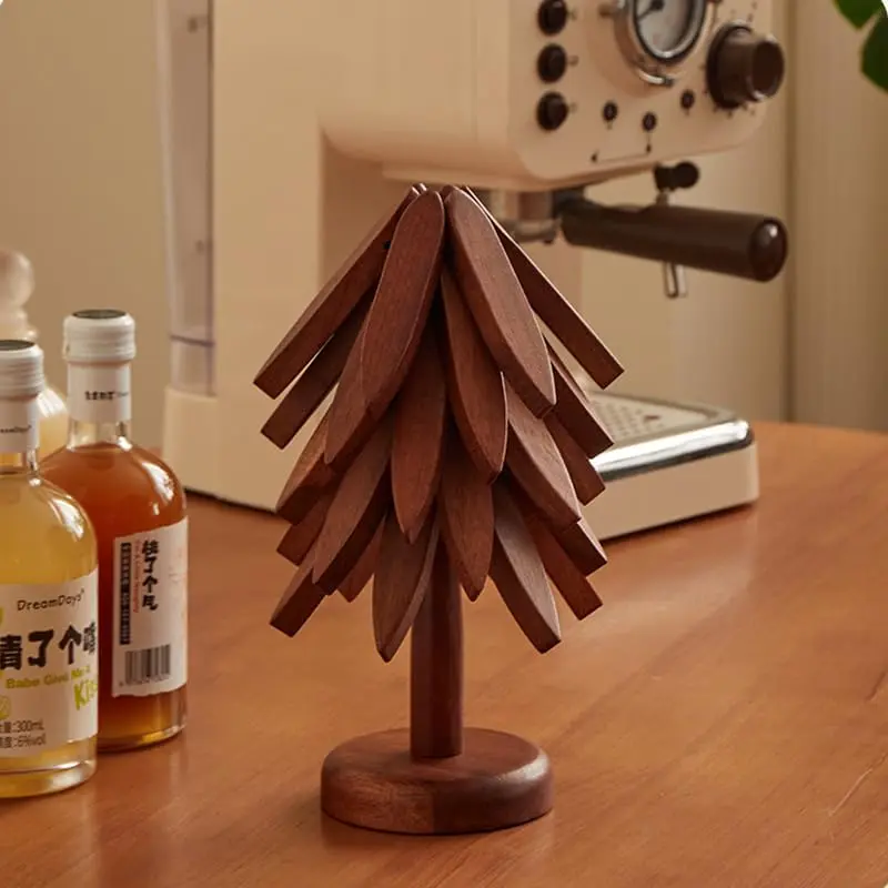 Walnut Wood Tree-Form Coaster Set - 4 Trivets, 1 Christmas Tree Foldable Storage Stand, Irregular Natural Wood Placemats & Tableware Rests for Drinks, Hot Dishes