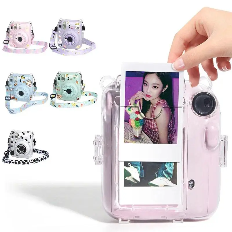 Handheld Transparent Plastic Protective Cover for Fujifilm Instax Mini 12 Camera, Camera Accessories with Shoulder Strap and Cute Sticker