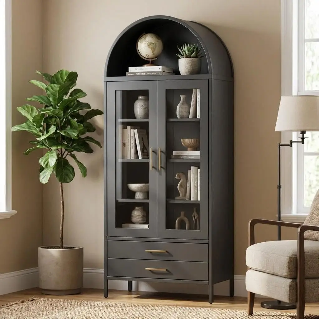 73" Tall Arched Cold Rolled Steel Curio Cabinet - Premium Fluted Glass Door Furniture, 2 Drawers, 2 Adjustable Shelves, Modern Black, Organized Storage for Living Room Collectibles, Tall Cabinet Dining Room Furniture with Drawers and Shelves