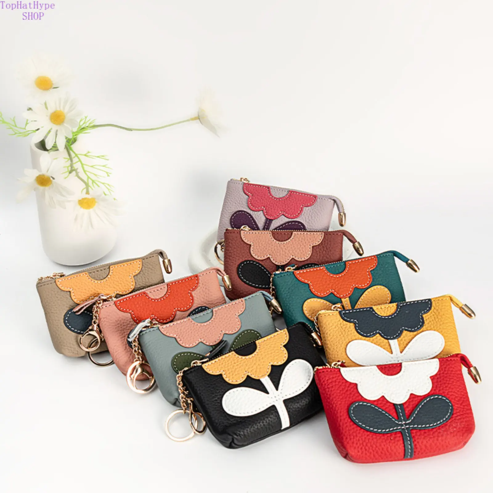 Genuine Leather Coin Purse Wallet - Fashionable Card Holder with Card Slot, Cute Flower Applique, Mini Pouch, Zippered Keychain, Color Block Design for Everyday Carry, Exquisite Cardholder, Slim Card Storage, Pocket‑Ready Size