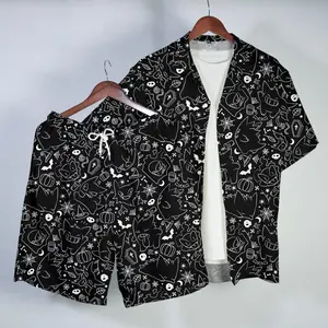Men's Short-Sleeve Casual Gengar Hawaiian Button-Up Shirt, Tropical Dark Gothic Halloween Doodle Pattern, Comfortable Fabric, Unisex Summer Beach Outfit Gift