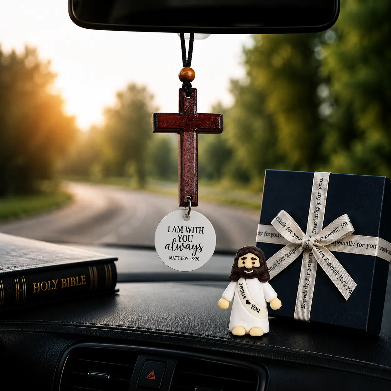 Christian Cross NFC Bible Verse Gift Set, Bible Verses and Motivational Quotes, Cross Car Hanging Decor with Jesus Figurine and Gift Box, Religious Christian Gift for Men and Women, Perfect for Friends, Boyfriends, Fathers, Couples and Loved Ones