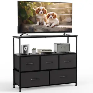 Dresser TV Stand, Entertainment Center with 5 Fabric Drawers, Media Console Table for TV with Open Storage Shelf Dresser